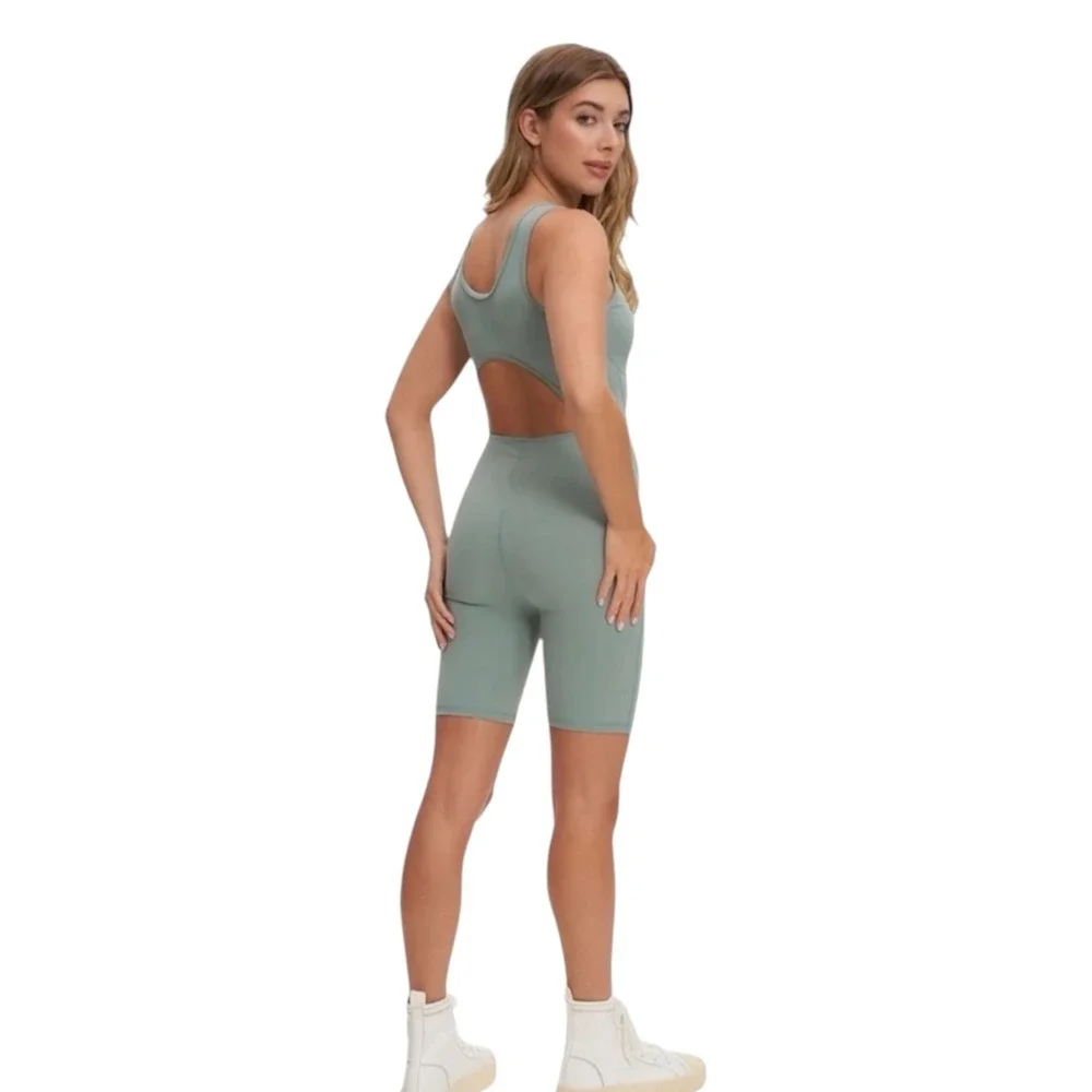 NOIZE Women's XL Sage Green Biker Short Romper Cutout Back Activewear